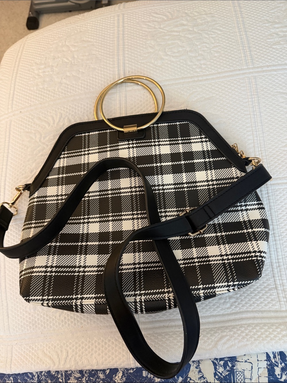 IMAN Black & White Plaid Shoulder Bag with Gold Ring Handle